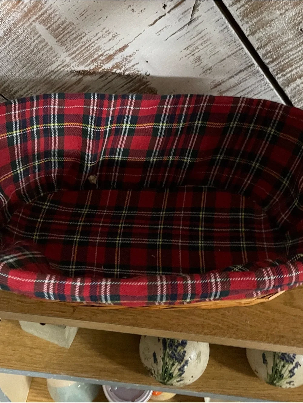 Woven Natural Willow Basket with Red Plaid Liner